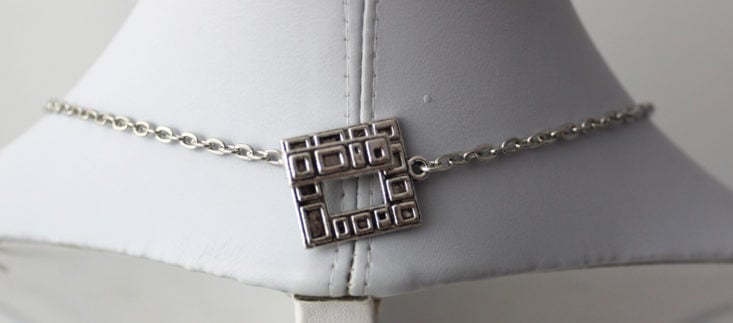 Bargain Bead Box February 2019 - Necklace Made With Textured Square Toggle Clasps and Steel Oval Jewelry Chain, Antique Silver Wearing Front