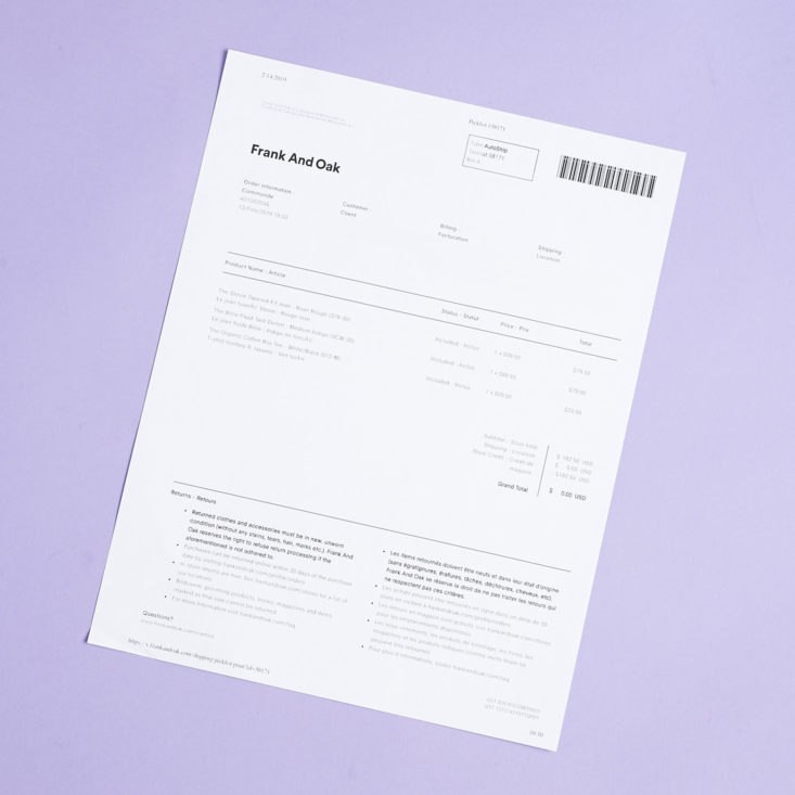 Frank and Oak March 2019 invoice
