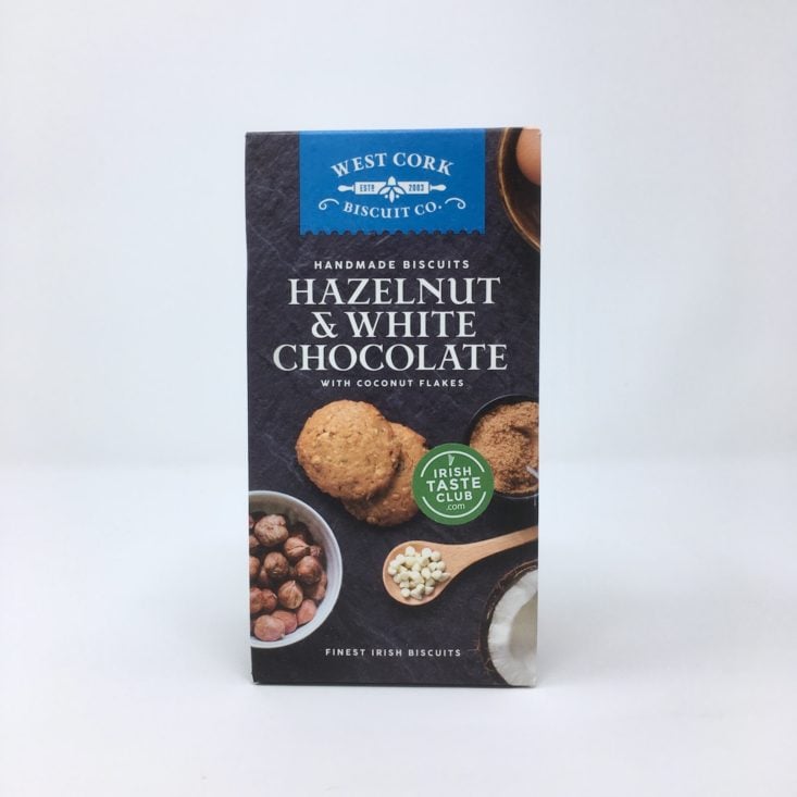 Irish Taste Club February 2019 - West Cork Biscuit Co. Hazelnut & White Chocolate Biscuits with Coconut Flakes Box Front