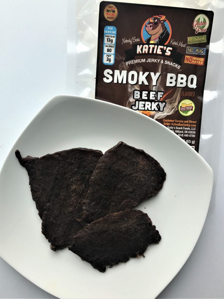Jerky Snob March 2019 - Katies Smoky BBQ Beef Jerky Plated Top