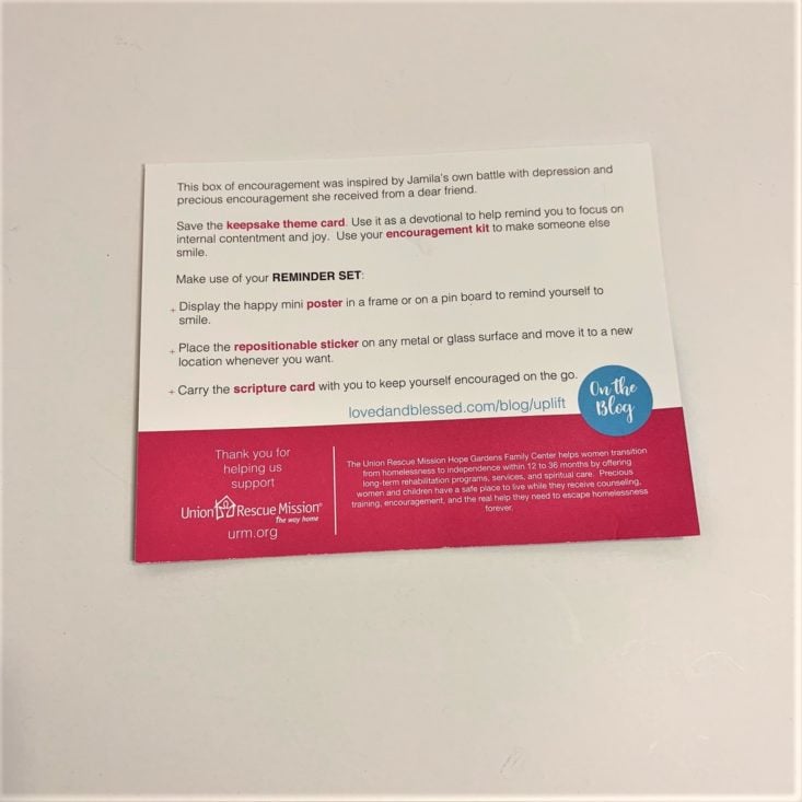 Loved + Blessed “Uplift” Review March 2019 - Information Card Back Top