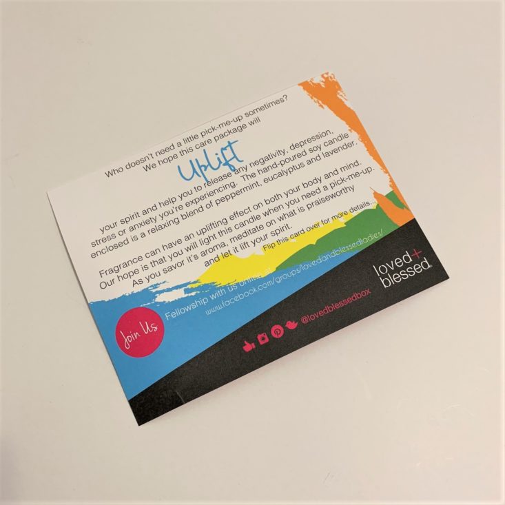 Loved + Blessed “Uplift” Review March 2019 - Information Card Front Top