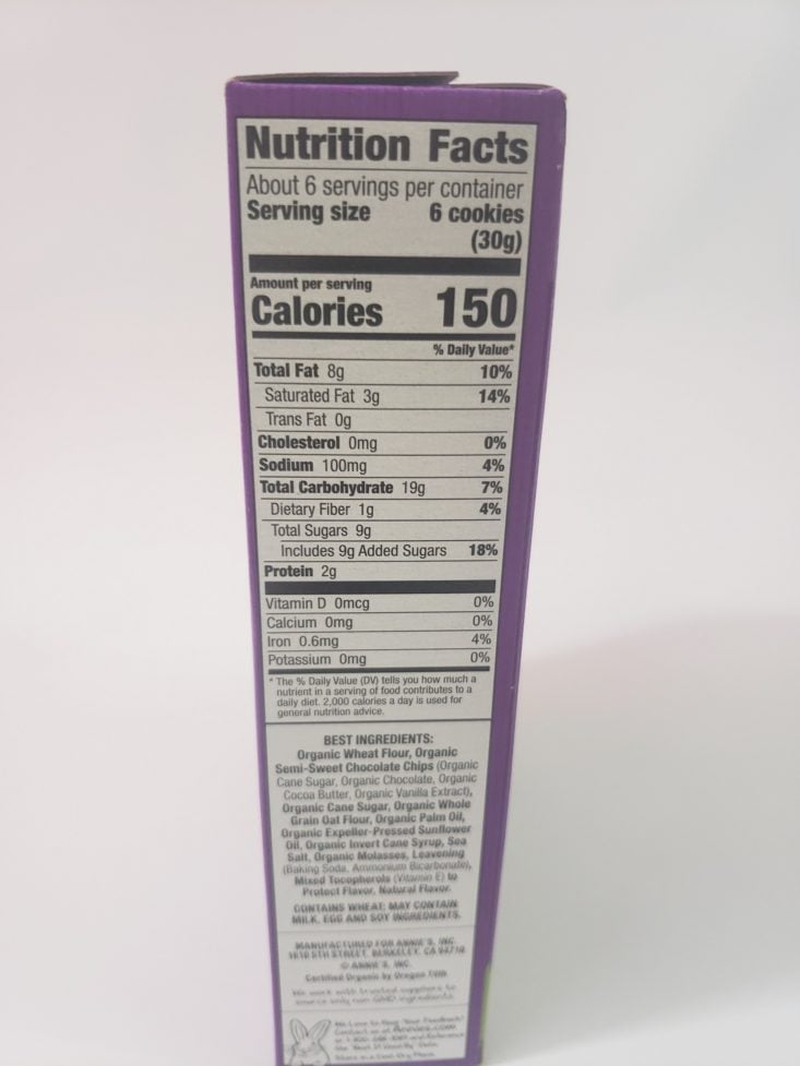 Monthly Box Of Food And Snack Review March 2019 - Annies Organic Chocolate Chip Cookie Bites Nutrition Facts Side
