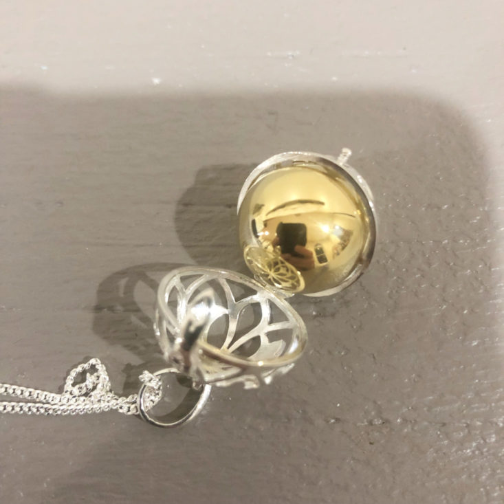 My Meraki Box February 2019 - NICE Long Necklace Brass Chiming Ball In Solid Sterling Silver Caged Filigree Pendant Closer View