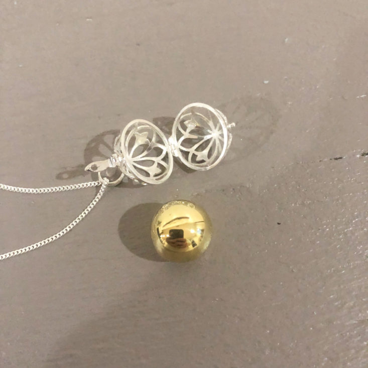 My Meraki Box February 2019 - NICE Long Necklace Brass Chiming Ball Removed From Solid Sterling Silver Caged Filigree Pendant Front