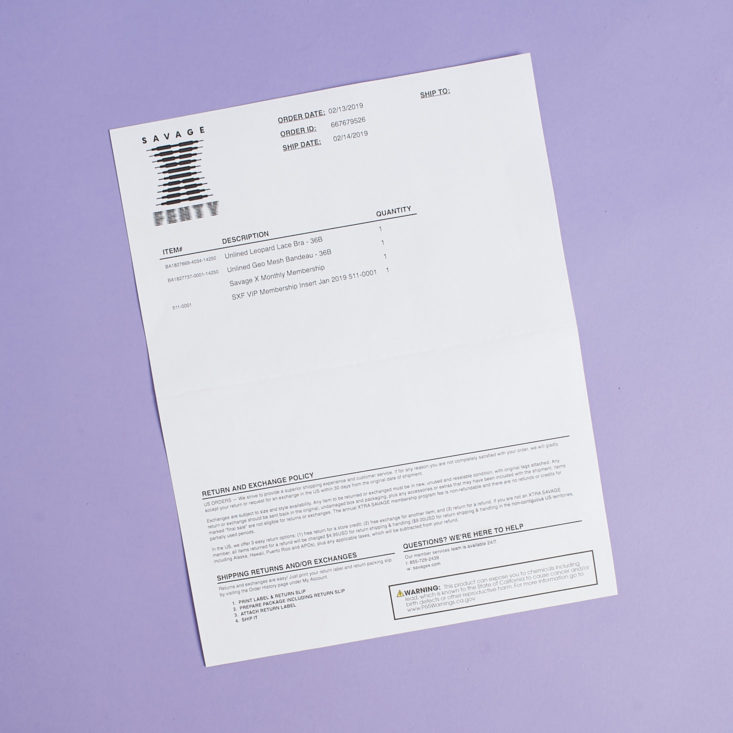 Savage x Fenty Xtra VIP Membership invoice february 2019