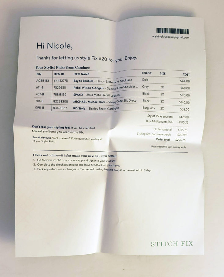 Stitch Fix Plus Size Clothing Box January 2019 - Invoice Front