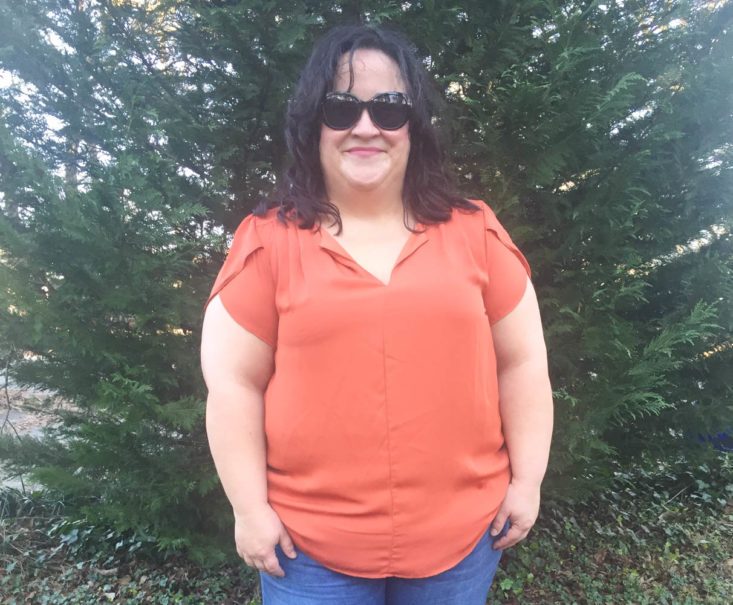 Stitch Fix Plus Size Clothing Box March 2019 - Carol Tulip Detail Blouse Wearing Front