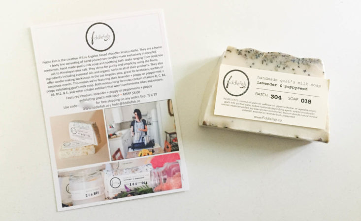 California Found Subscription Box Review April 2019 - Lavender + Poppy Exfoliating Goat's Milk Soap by Fiddlefish With Card Top