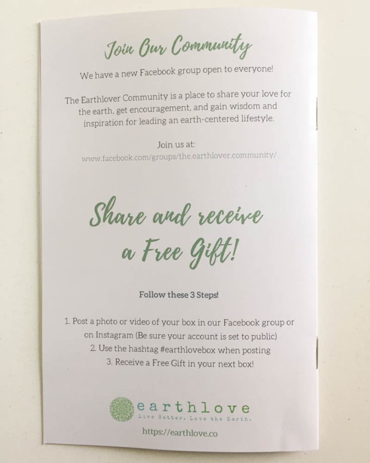 Earthlove Subscription Box Review Spring 2019 - Information Booklet 3 Inside Top