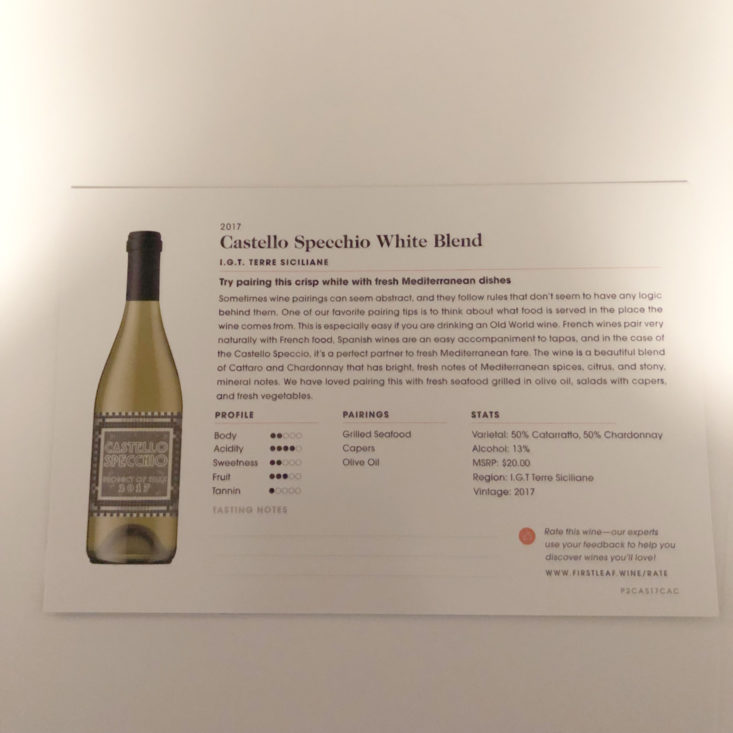 Firstleaf Wine Subscription March 2019 Review - 2017 Castello Specchio White Blend Info Back Top