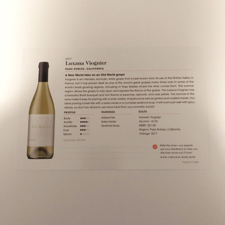 Firstleaf Wine Subscription March 2019 Review - 2017 Luxana Viognier Info Back Top