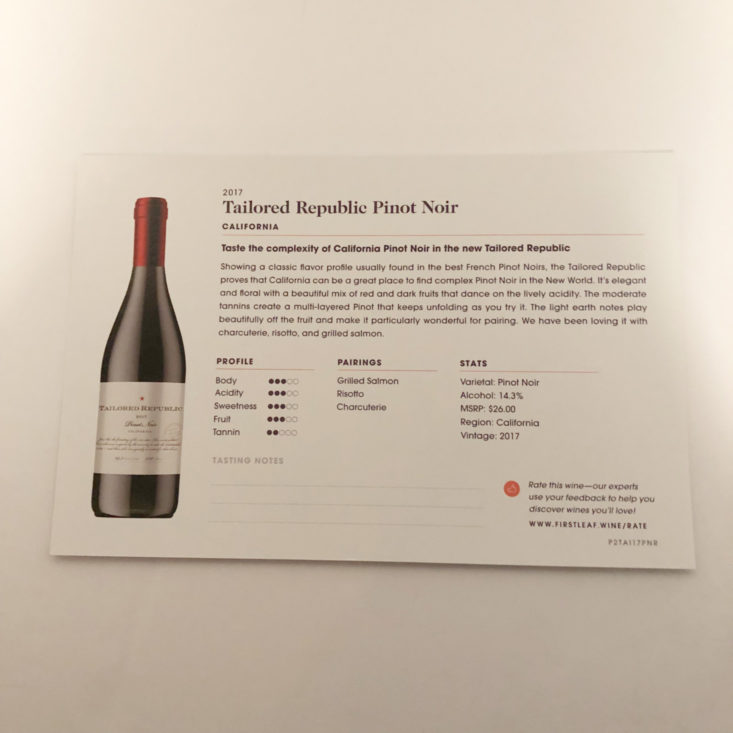 Firstleaf Wine Subscription Review April 2019 - 2017 Tailored Republic Pinot Noir Card Back Top