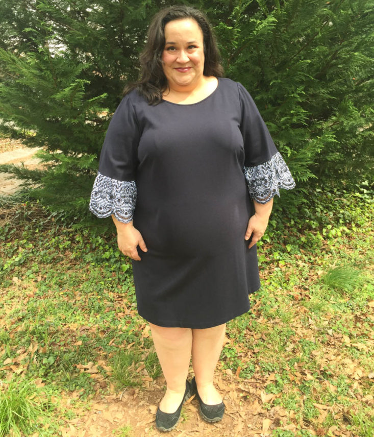 Gwynnie Bee Box March 2019 - ELIZA J Embroidered Eyelet Bell Sleeve Shift Dress Wearing Front