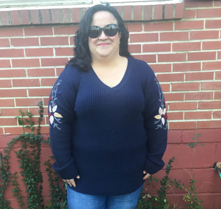 Gwynnie Bee Box March 2019 - PINK MARTINI Navy Wild Love Sweater Wearing Front