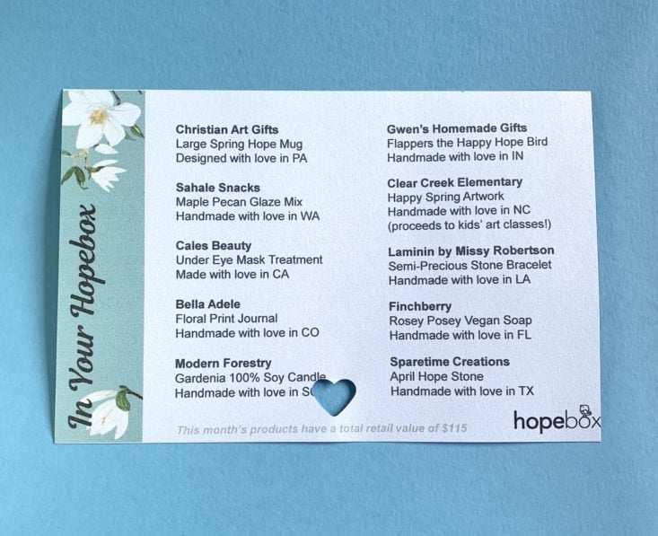 Hope Box April 2019 - Info Card Back