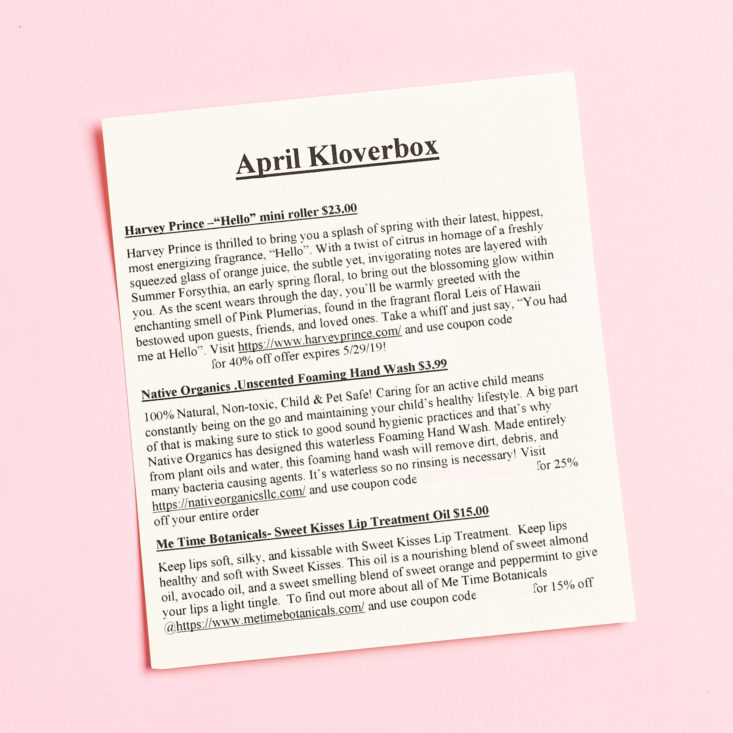 Kloverbox April 2019 review info sheet