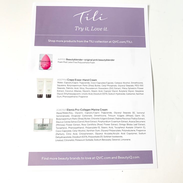 QVC Beauty TILI 7-Piece Collection Review April 2019 - Information Sheet Front Top