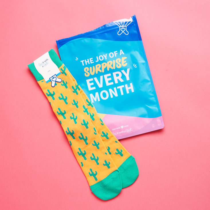 Say It With A Sock Mens April 2019 orange socks with green cacti
