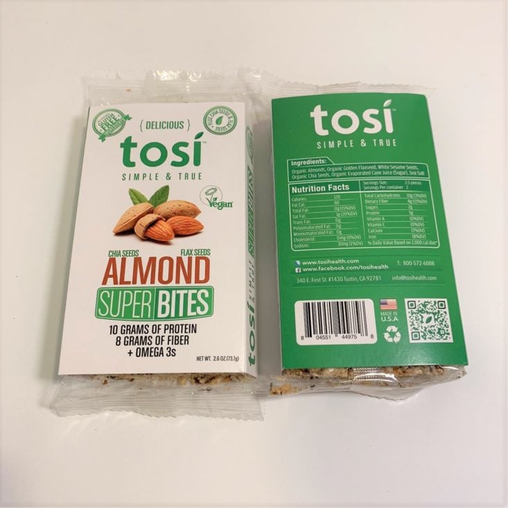 SnackSack Gluten-Free Review March 2019 - Tosi Super Bites, Almond, 2.6 oz Back Top