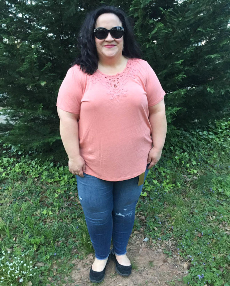 Stitch Fix Plus Size Clothing Subscription Box Review April 2019 - Justine Crochet Neck Linen Blend Top By Cupio Top 1 Front