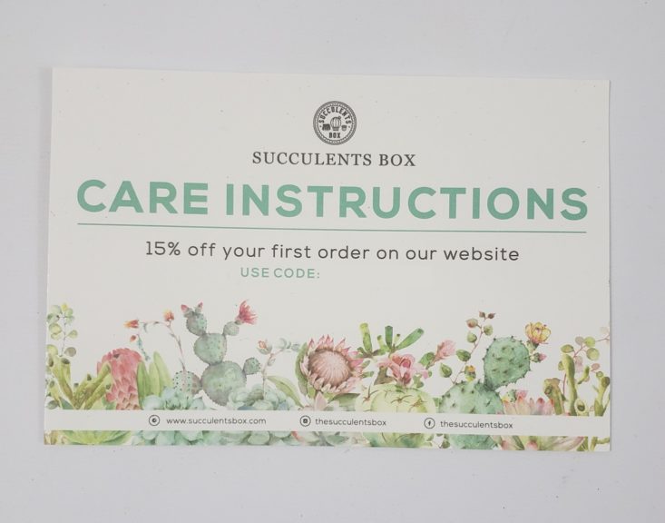 Succulents Box Review April 2019 - Care Instructions Card Front Top