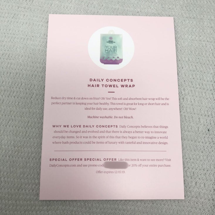 Vine Oh! “Oh! Happy Day” Box Review Spring 2019 - Daily Concepts Hair Towel Wrap (Teal) Info Card Top