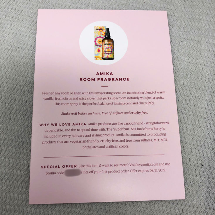 Vine Oh! “Oh! Happy Day” Box Review Spring 2019 - amika Signature Room Fragrance Info Card Top