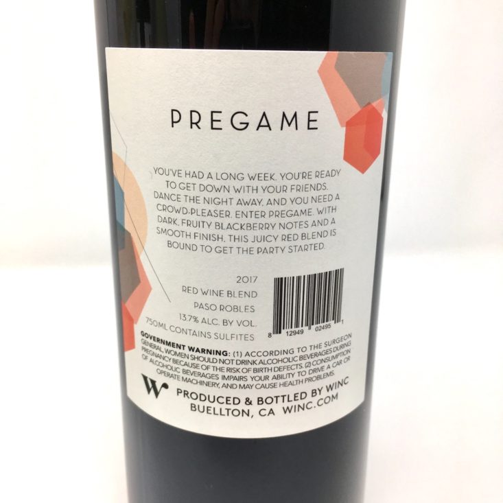 Winc Wine of the Month Review March 2019 - 2017 Pregame Red Blend Back