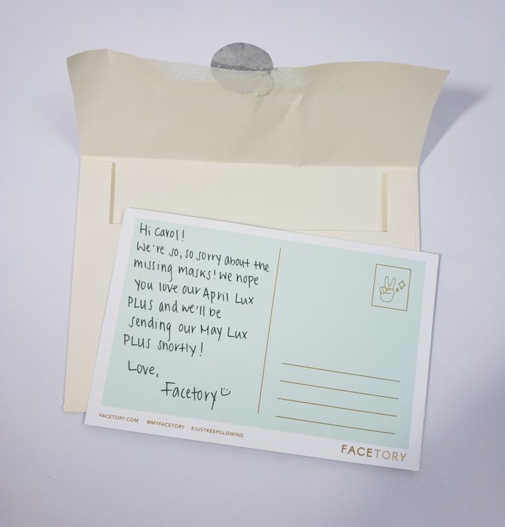 Facetory Lux Plus Box April 2019 - Hand-Written Sorry Note