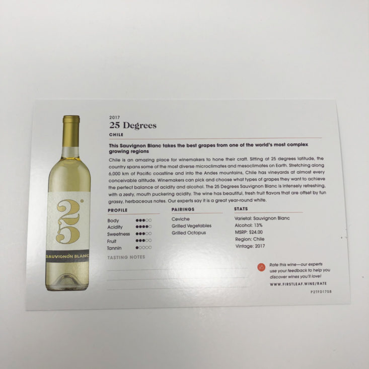 Firstleaf Wine Subscription May 2019 - 2017 25 Degrees Sauvignon Blanc 2