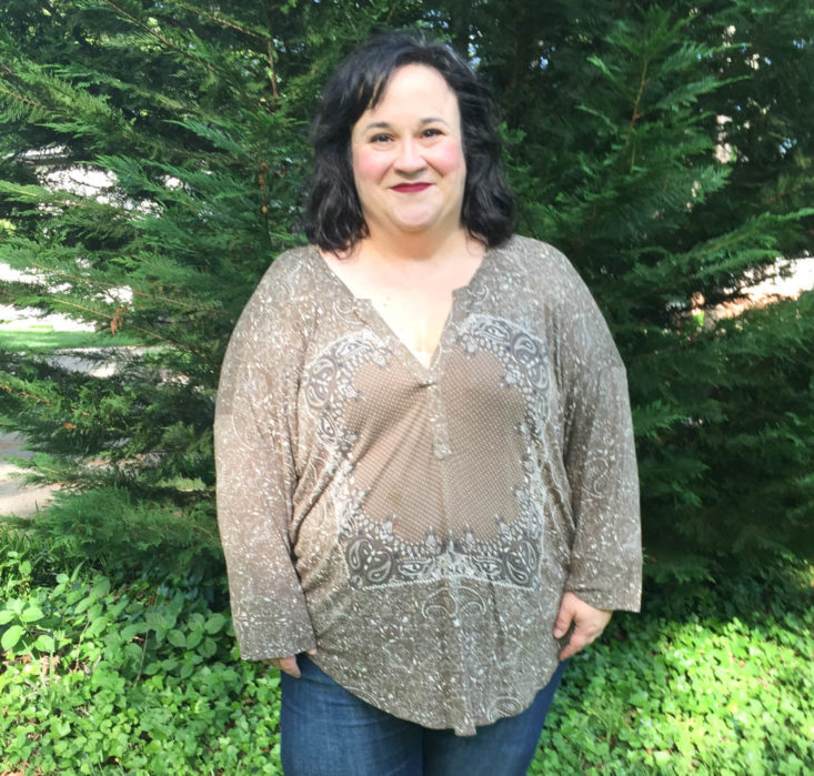 Gwynnie Bee May 2019 - Bandana Print Olive Henley Top Front