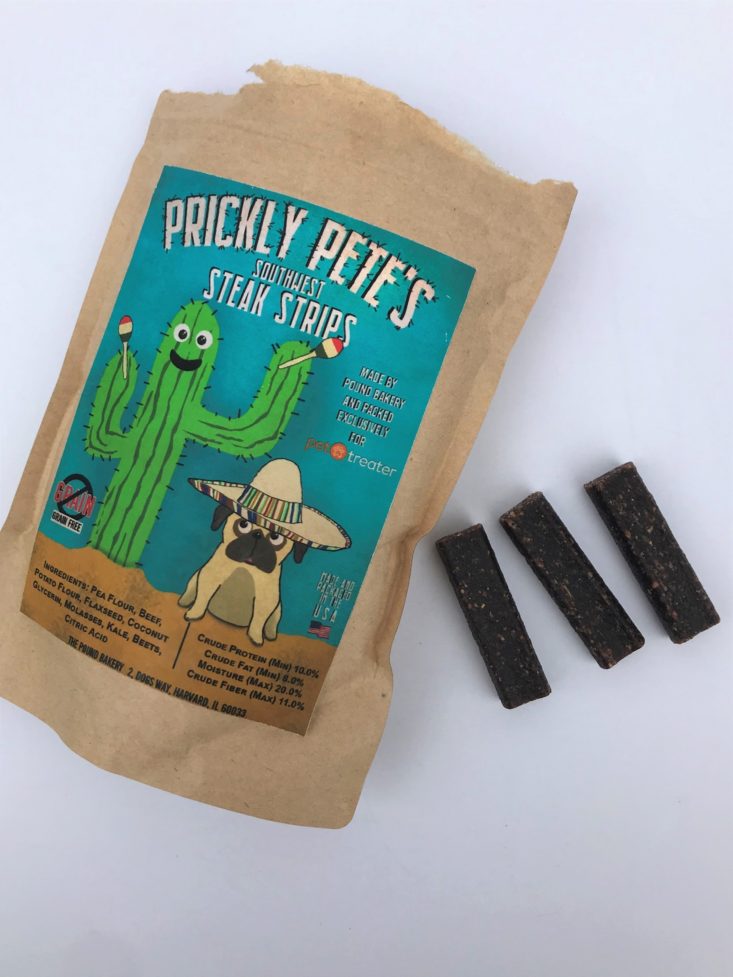 Mini Monthly Mystery Box For Dogs May 2019 - Prickly Pete’s Southwest Steak Strips Opened Top