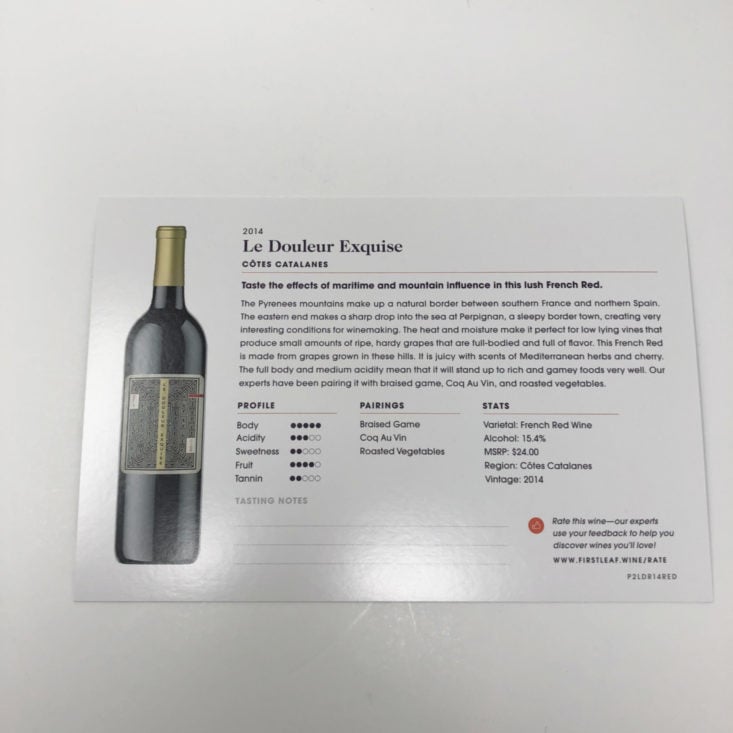 Firstleaf Wine Subscription Review June 2019 - 2014 Le Douleur Exquise Red Blend Detail Card Back Top