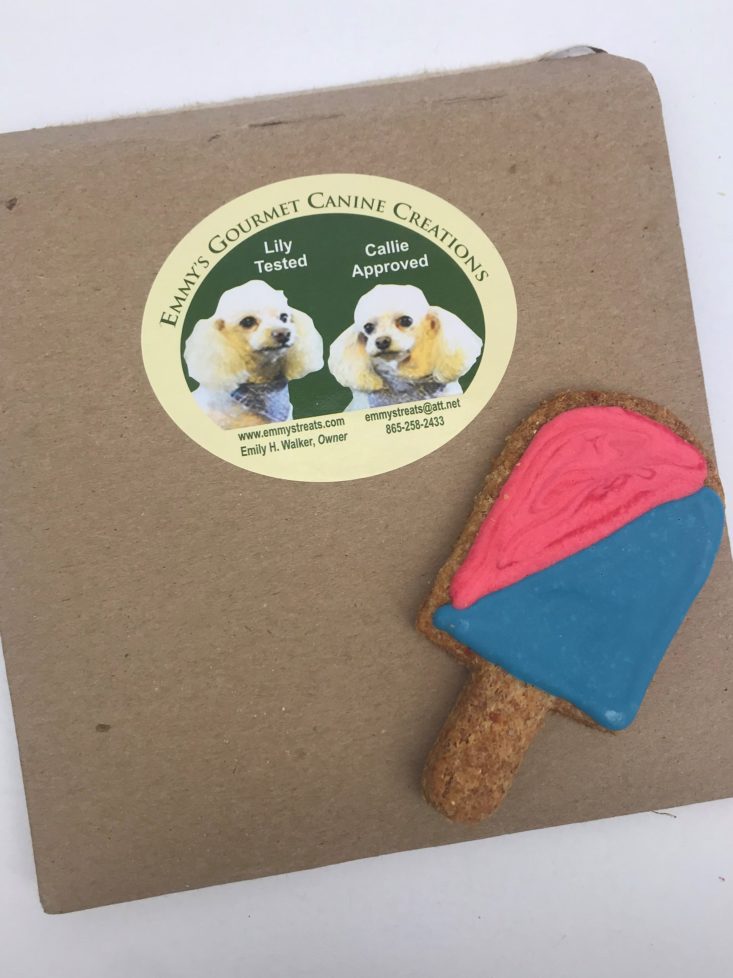 Mini monthly mystery box for dogs June 2019 - cookie on package Top