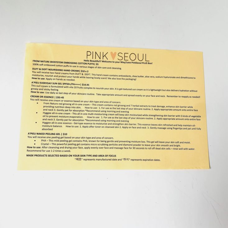 Pink Seoul Plus Box May June 2019 Review - Information Sheet Top
