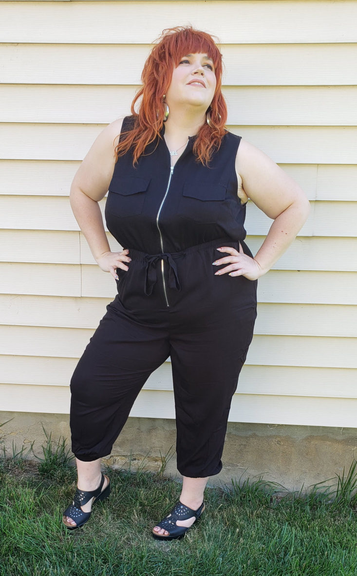 ShoeDazzle Plus Review May 2019 - Plus Size Sleeveless Zip Front Jumpsuit in Black Pose 2