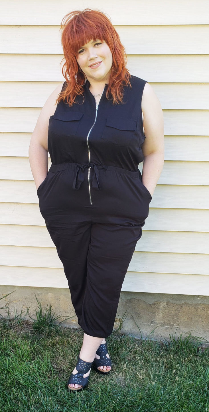 ShoeDazzle Plus Review May 2019 - Plus Size Sleeveless Zip Front Jumpsuit in Black Pose 3