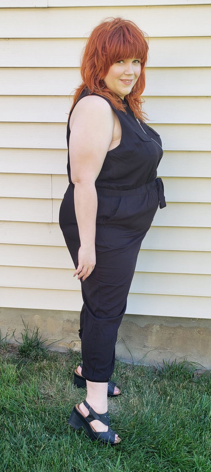 ShoeDazzle Plus Review May 2019 - Plus Size Sleeveless Zip Front Jumpsuit in Black Pose 4