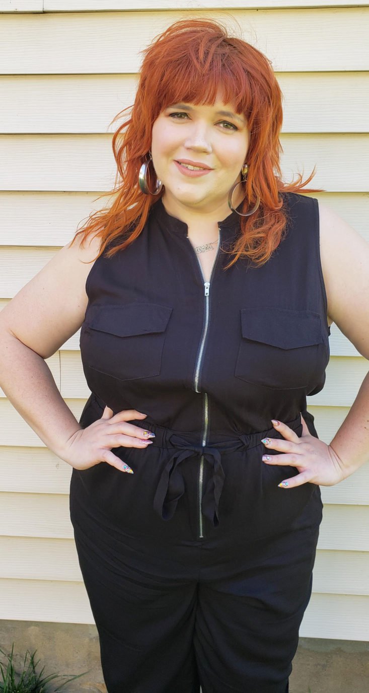ShoeDazzle Plus Review May 2019 - Plus Size Sleeveless Zip Front Jumpsuit in Black Pose 5
