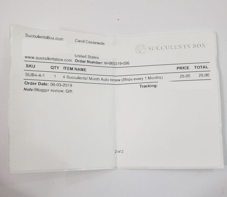 Succulents Box Review June 2019 - Invoice Top