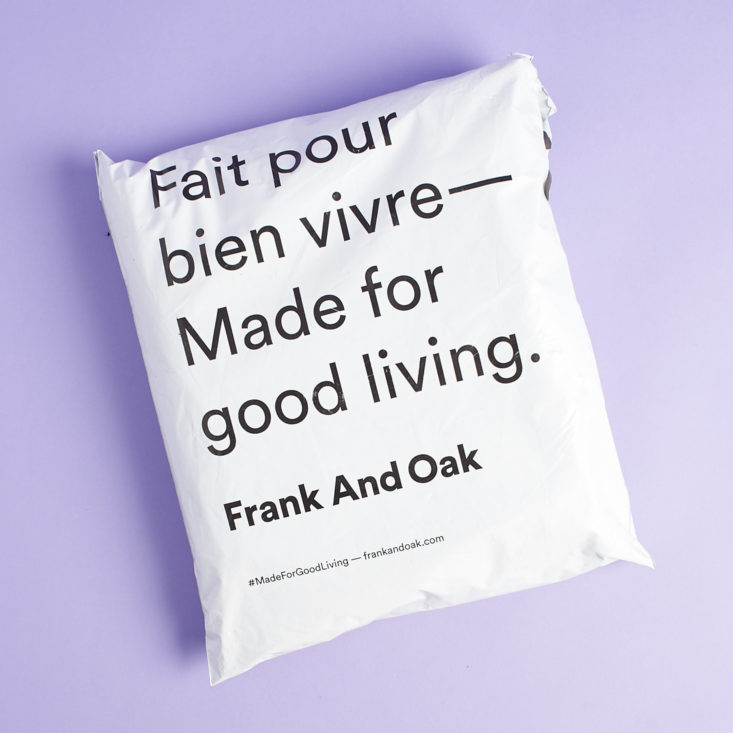 frank and oak package that says "made for good living" in simple black letters