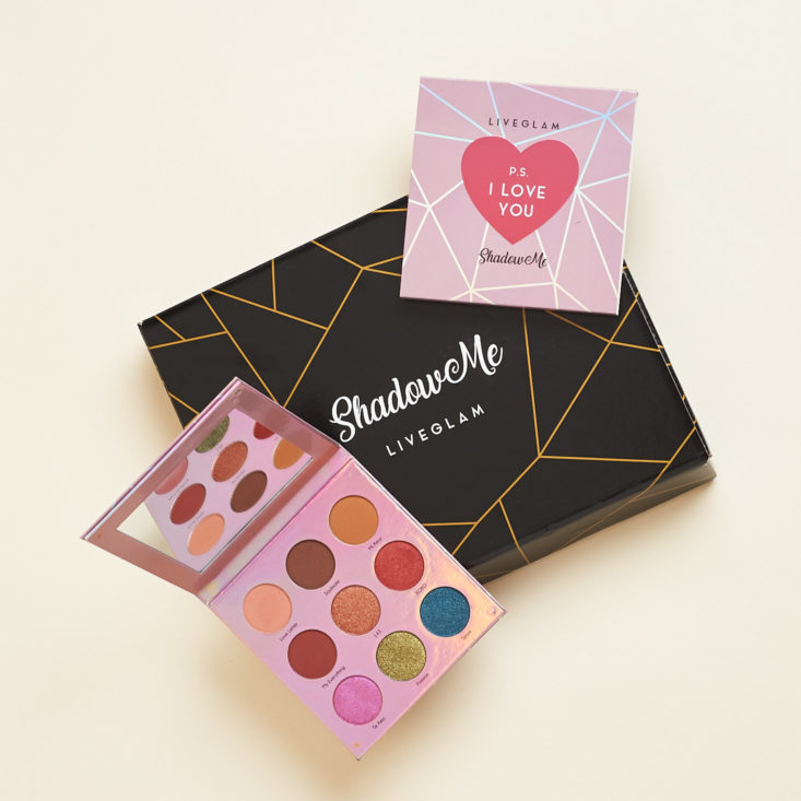 the pink shadowme palette against the black geometric 