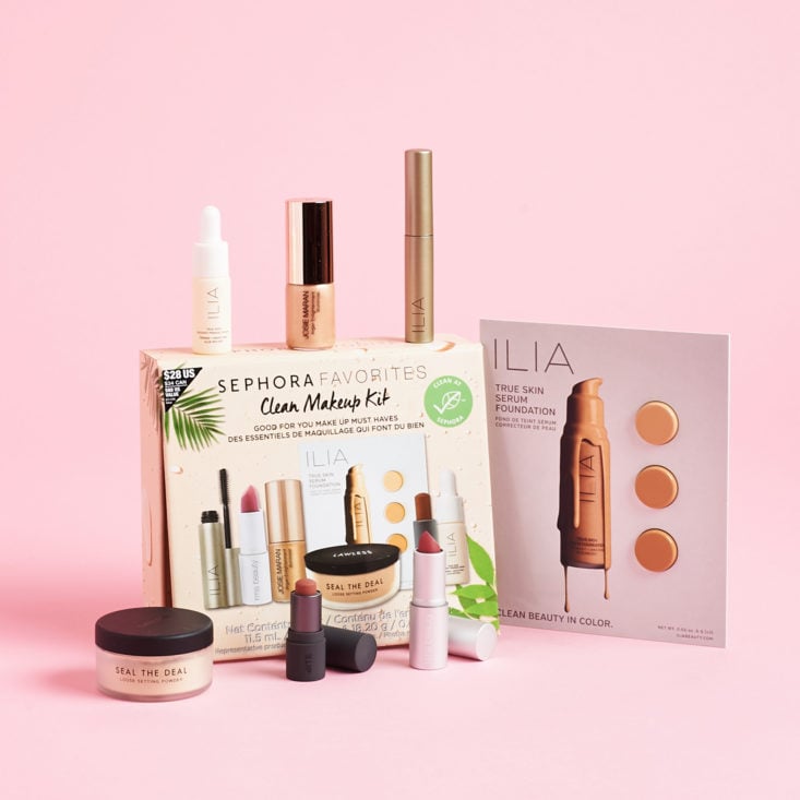 All 7 items surrounding the Sephora Favorites Clean Makeup Kit box