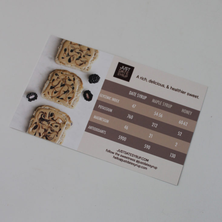 Vegan Cuts Snack Box July 2019 - Just Date Syrup Information Card Back Top