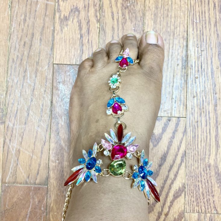 Brown Sugar Box July 2019 - Model Wearing Multicolored Crystal Foot Jewelry Top