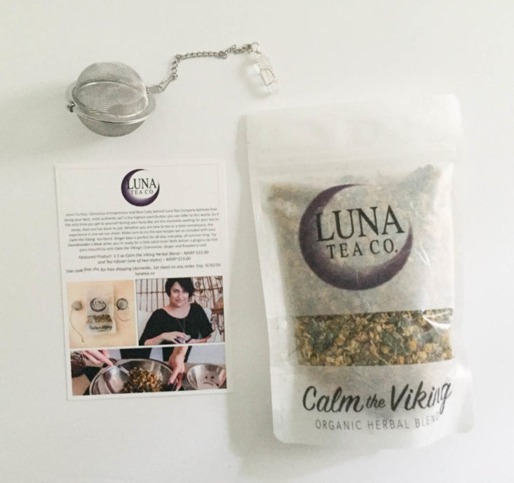 California Found Subscription Box July 2019 - Calm the Viking Herbal Tea With Tea Infuser and Booklet Front