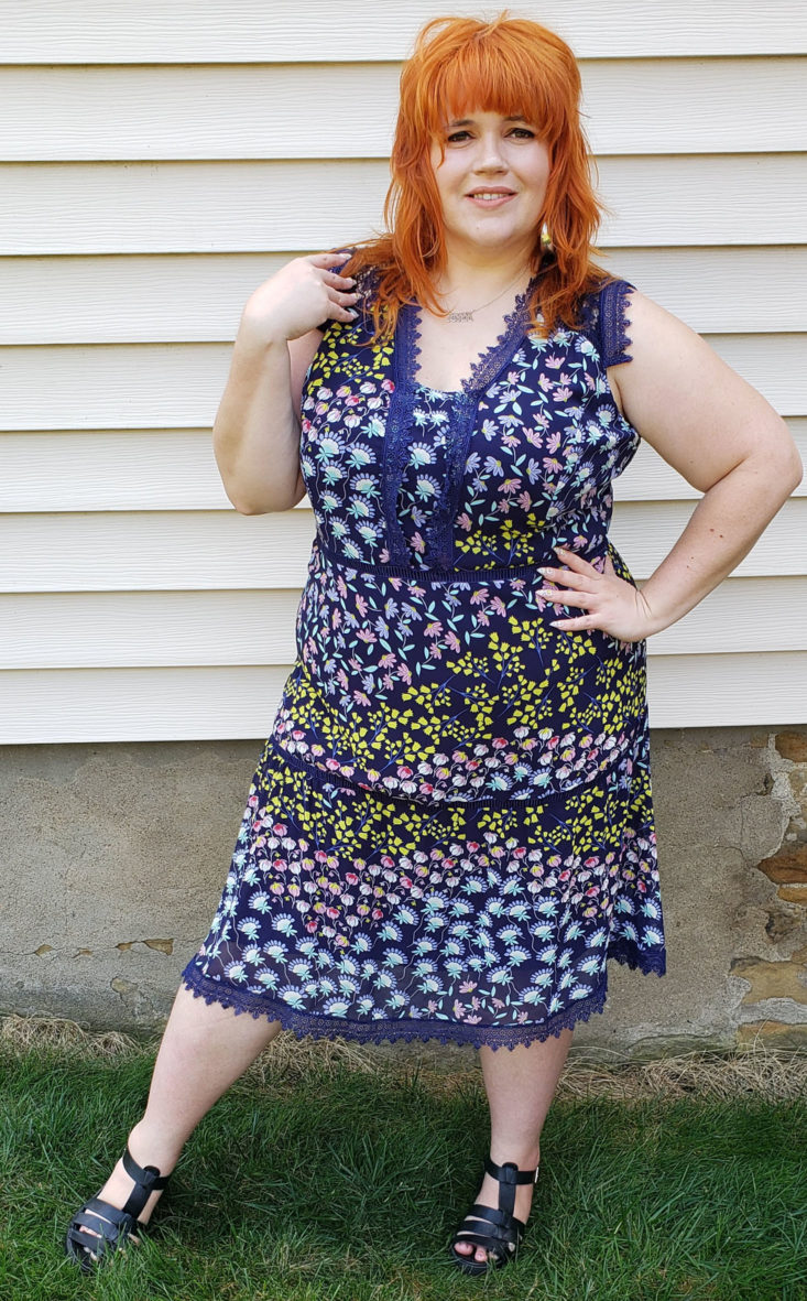 Dia & Co Subscription Box July 2019 - Model Wearing Keller Lace Patterned Dress Front Front