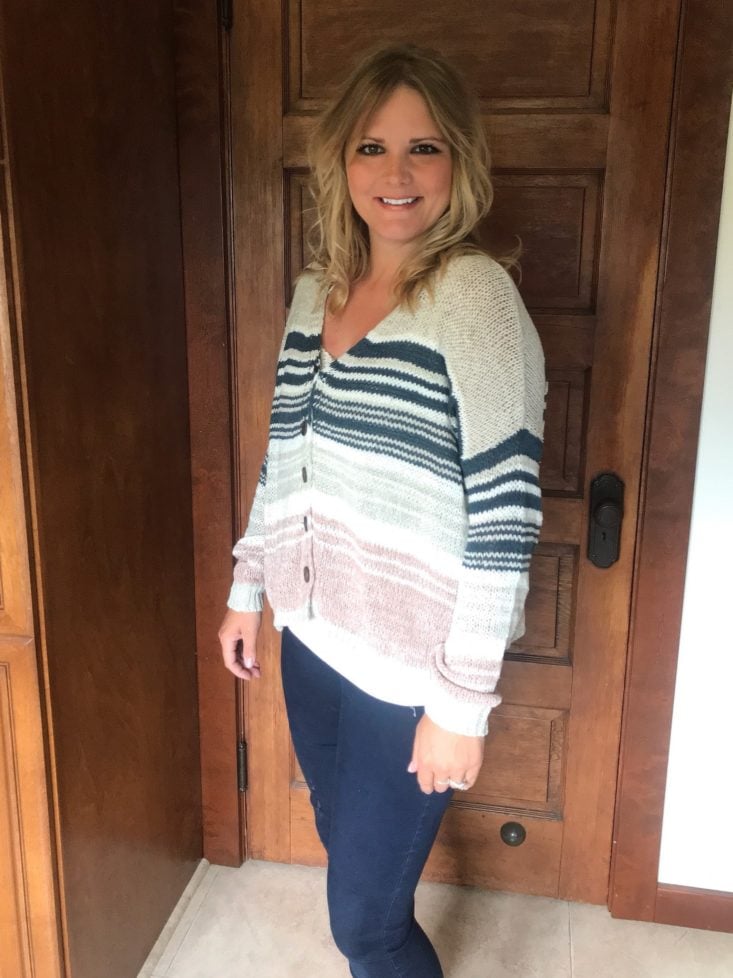 Golden Tote August 2019 - Model Wearing Stripey Summer Cardi Front Front