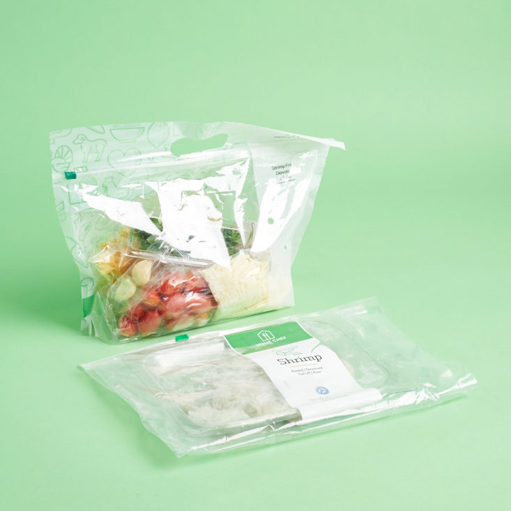 shrimp fra diavolo farfalle ingredients bag with shrimp package shown